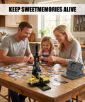 Family using Fridge Magnet Maker Kit with 2 by 2 inch square DIY photo magnet press on wooden table.
