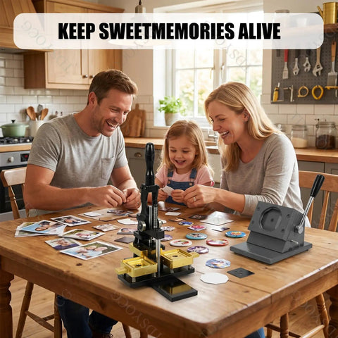 Family using Fridge Magnet Maker Kit with 2 by 2 inch square DIY photo magnet press on wooden table.