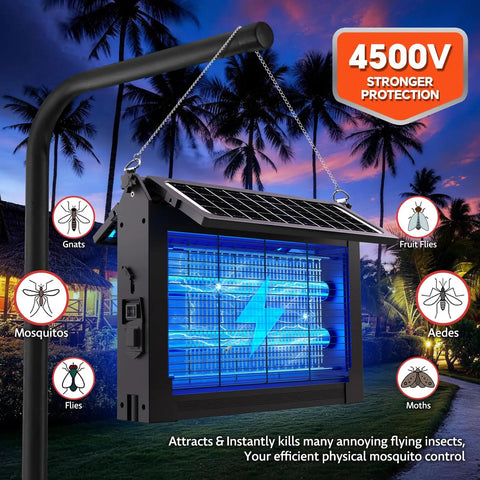 Go To Outdoor Dual Solar Panel Mosquito Zapper With 4500V Insect Killer IPX5 Waterproof And Cordless Portable Design USB C Rechargeable Bug Trap For Patio Yard Garden Camping Auto Mode hanging in outdoor setting