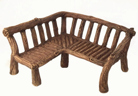 Three Piece Fairy Garden Furniture Set With Rustic Wood Bench, Rocking Chair And Mini Table For Your Garden Fairies Made From Resin, Built Tough For Indoor Or Outdoor Display And Totally Cute, featuring a rustic resin bench.