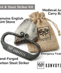 Flint And Steel Fire Starter Kit With Hand Forged Carbon Steel Striker, English Flint Stone, Emergency Tinder, Jute Carry Bag