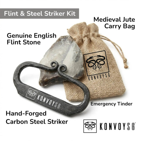 Flint And Steel Fire Starter Kit With Hand Forged Carbon Steel Striker, English Flint Stone, Emergency Tinder, Jute Carry Bag
