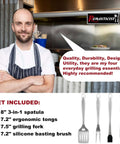Front view of Romanticist 4pc heavy-duty grill tools set; spatula, tongs, fork, silicone brush; logo visible.