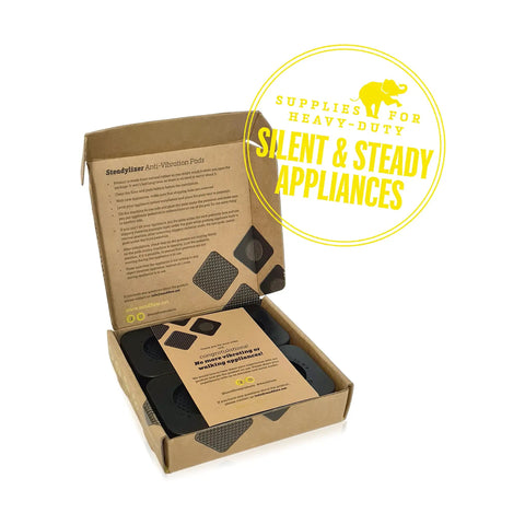Cardboard box of 4 Pack Anti Vibration Pads For Washer And Dryer, Stop The Wobble And Loud Rumbles, open with inserts visible.