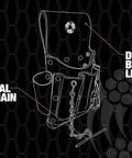 Illustration highlighting Leather Tool Pouch With Five Pockets And Tape Chain, fade resistant, durable compartments in dark brown.