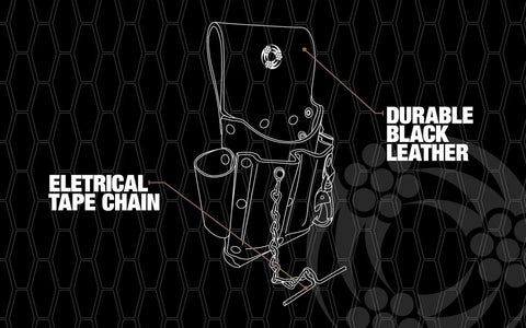 Illustration highlighting Leather Tool Pouch With Five Pockets And Tape Chain, fade resistant, durable compartments in dark brown.