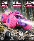 All Terrain Remote Control Monster Truck For Kids With Speed Switch And LED Headlights, 20 KMH, pink truck on forest rocks