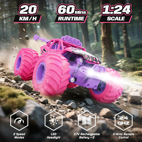 All Terrain Remote Control Monster Truck For Kids With Speed Switch And LED Headlights, 20 KMH, pink truck on forest rocks