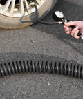 Top Shelf Polyurethane Recoil Air Hose With Automatic Snap Back Design 1/4 Inch Bore By 10 Foot Length Zero Tangle Flex Build equipped with gauge.