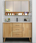 Matte Bronze Solid Brass Cabinet Pulls Set Of 2 on wooden bathroom vanity with black faucet and decorative items