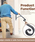 Industrial Grade Wall Mount Handrails For Outdoor Steps And Decks Featuring Wrought Iron Safety Rails With Curved Grips That Are Straight Up Rock Solid And Provide Maximum Safety Year Round, close-up of curved grip in use.