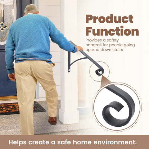 Industrial Grade Wall Mount Handrails For Outdoor Steps And Decks Featuring Wrought Iron Safety Rails With Curved Grips That Are Straight Up Rock Solid And Provide Maximum Safety Year Round, close-up of curved grip in use.