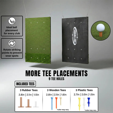 Ultra Thick Premium Golf Mat With 20mm Base For Indoor Or Outdoor Practice showing rubber, wooden, plastic tees