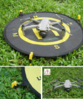 All Weather 21 Inch Drone Landing Pad With Quick Fold Double Sided Universal Parking Apron For RC Drones And Helis Waterproof Surface Easy Setup Fits DJI Mini 3 Pro 2 SE Spark Mavic Air Inspire 2 3DR Solo on grass with drone on top