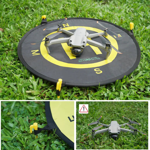 All Weather 21 Inch Drone Landing Pad With Quick Fold Double Sided Universal Parking Apron For RC Drones And Helis Waterproof Surface Easy Setup Fits DJI Mini 3 Pro 2 SE Spark Mavic Air Inspire 2 3DR Solo on grass with drone on top