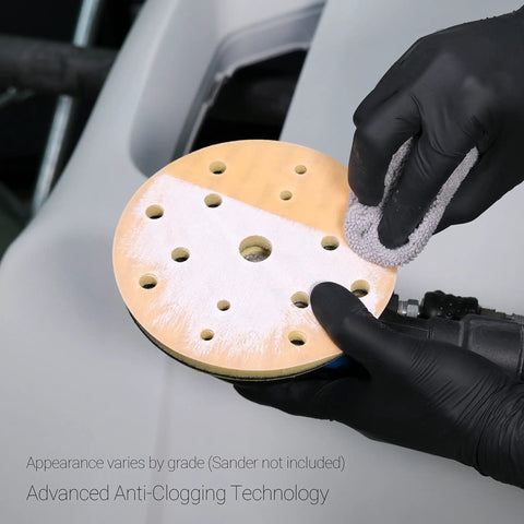 Flexible Sanding Disc Starter Kit With 15 Hole Pattern K600 To K1500 Grit held by gloved hand for demonstration