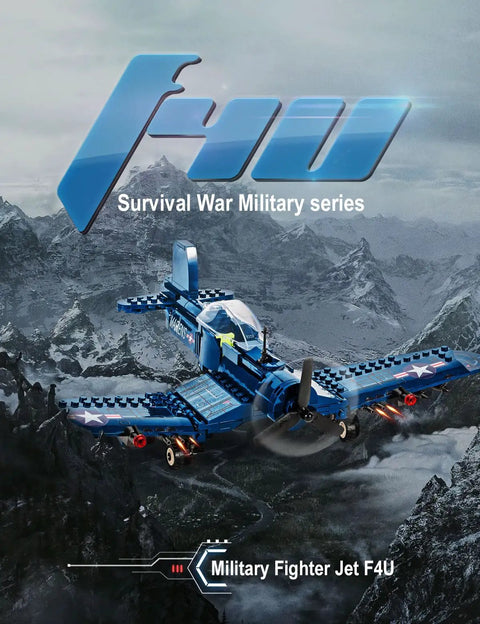 F4U Corsair WW2 Fighter Jet Building Block Set With 440 Pieces flying over mountainous terrain