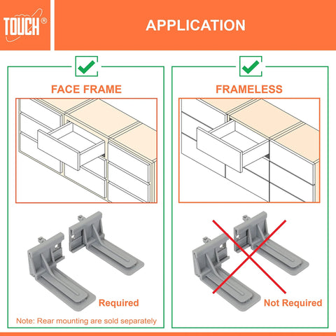 Application of undermount drawer slides rear brackets in face frame and frameless cabinets.