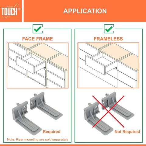Application of undermount drawer slides with self soft close for face frame and frameless cabinets, 3D adjustable lock visible.