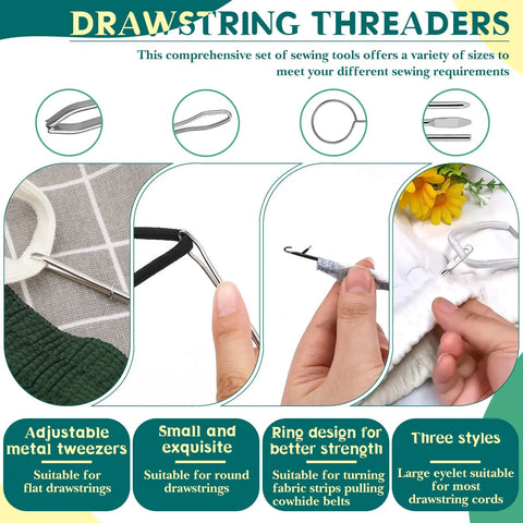 Drawstring Threader Tool Set 16 Piece Kit With Loop Turners Tweezers Elastic Threaders For Jackets Pants Hoodies Sportswear And Hats Pro Grade Durable Tools By Fedmut displayed with usage instructions