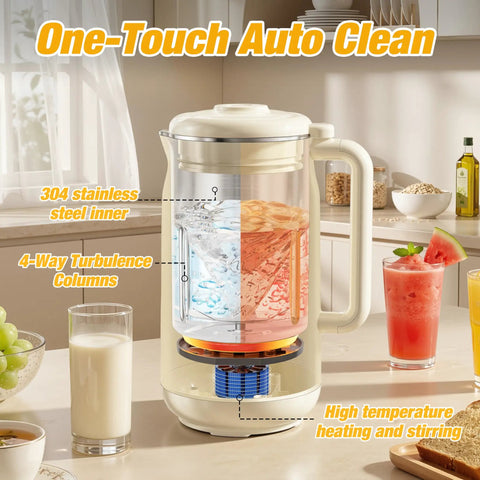 10 In 1 Automatic Nut Milk Maker With 42 Oz Capacity For Almond Soy Oat And Plant Based Milks And Juices Dairy Free Beverages With LED Panel Delay Start Keep Warm And Self Clean, showing one-touch auto clean feature in kitchen setting.