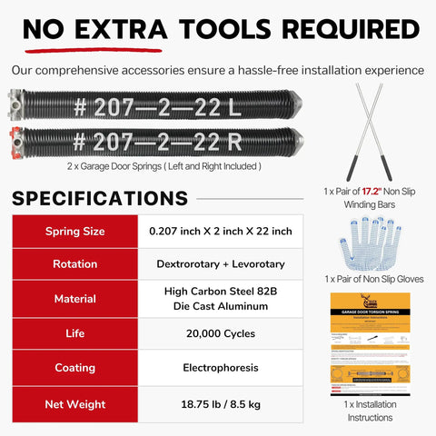 Heavy Duty 2 Inch Garage Door Torsion Spring Replacement Kit With Non Slip Winding Bars And Gloves, Electrophoresis Black Coating