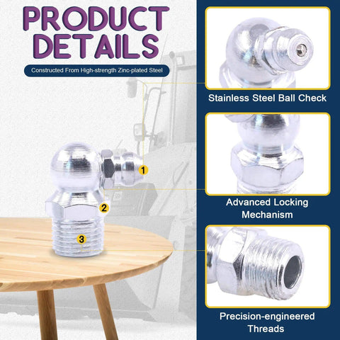 Close-up of SAE Hydraulic Grease Fittings Kit with zinc-plated zerk fitting showing ball check, locking mechanism, and threads.