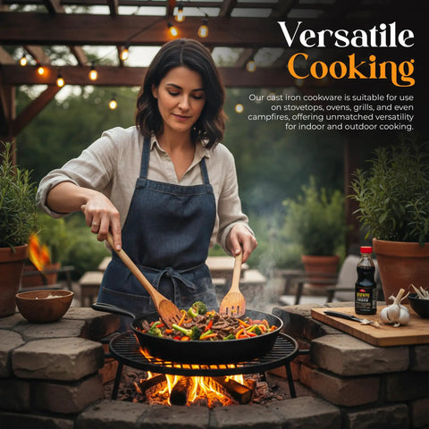 Woman cooking outdoors with Premium Cast Iron Skillet Set 6, 8, 10 Inch Preseasoned Frying Pans PFAS-Free