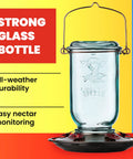 Vintage Aqua Mason Jar Hummingbird Feeder With Five Feeding Stations, 25 Ounce Glass Outdoor Backyard Bird Feeder, Easy Fill Wide Mouth Bottle For Quick Refills And Simple Cleaning, front view showing strong glass bottle and feeding ports.