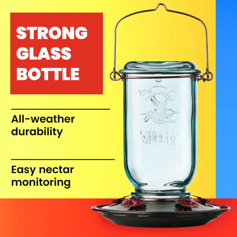 Vintage Aqua Mason Jar Hummingbird Feeder With Five Feeding Stations, 25 Ounce Glass Outdoor Backyard Bird Feeder, Easy Fill Wide Mouth Bottle For Quick Refills And Simple Cleaning, front view showing strong glass bottle and feeding ports.