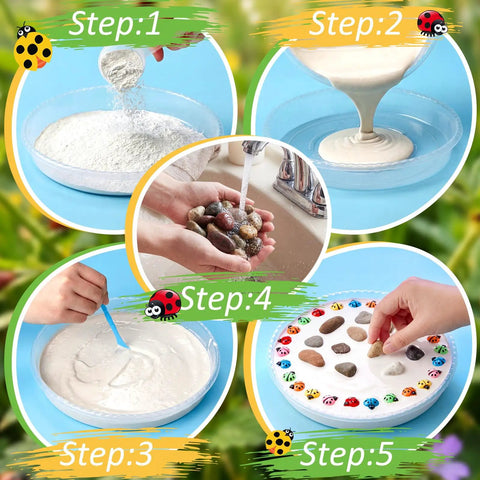 DIY Stepping Stone Kit With 12 Round 10 Inch Molds For DIYers Ocean Theme Resin Animals And Ladybug Decor Includes 12 Sculpting Tools 250g Stone Easy Garden Path Markers For Outdoor Decor Concrete Mix Not Included, showing step-by-step process with molds and decorations.