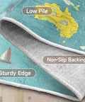 Close-up of 5x7 World Map Rug For Living Room And Bedroom With Ocean Sailboat Design, showing low pile, non-slip TPR backing, and sturdy edge.