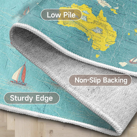 Close-up of 5x7 World Map Rug For Living Room And Bedroom With Ocean Sailboat Design, showing low pile, non-slip TPR backing, and sturdy edge.