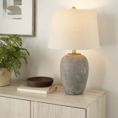 Rustic Farmhouse Ceramic Table Lamp With Beige Linen Shade, Gray Brown Earth Tones, Hand Finished Vintage Look, Cozy Vibe Warm Glow For Bedroom Living Room Dining Room Or Office Lighting