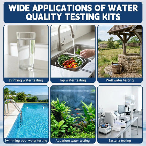 Various water testing applications including drinking water, tap water, well water, pool, aquarium, and bacteria testing setup.