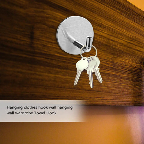 6 Pcs Stainless Steel Wall Hooks Zero Damage Install No Sweat Mount Heavy Duty Coat And Hat Hangers Punch Free Bath Towel Hooks Kitchen Racks hanging keys on a stainless steel wall hook mounted on wood.