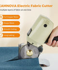 BEAMNOVA Electric Rotary Cutter With Powerful 250W Motor And Sharp Octagonal Alloy Steel Blades cutting fabric on a blue textile.