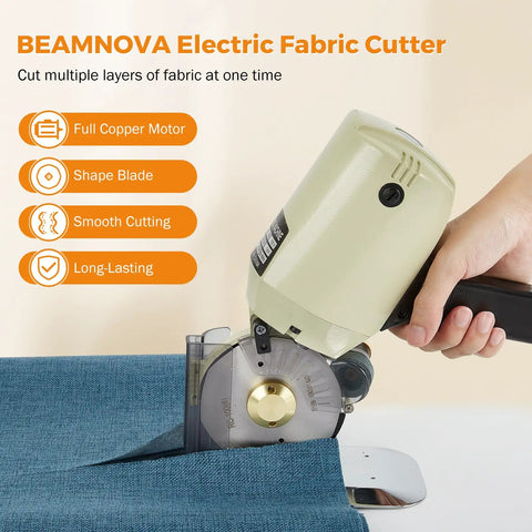 BEAMNOVA Electric Rotary Cutter With Powerful 250W Motor And Sharp Octagonal Alloy Steel Blades cutting fabric on a blue textile.