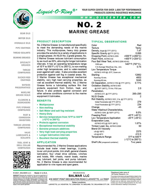 Data sheet for Multi Purpose Marine Grease For Boat Trailers U Joints And Lower Units NLGI Grade 2 Saltwater Resistant High Temperature Heavy Duty Performance Made In The USA 14 Oz Cartridge with specifications and applications.