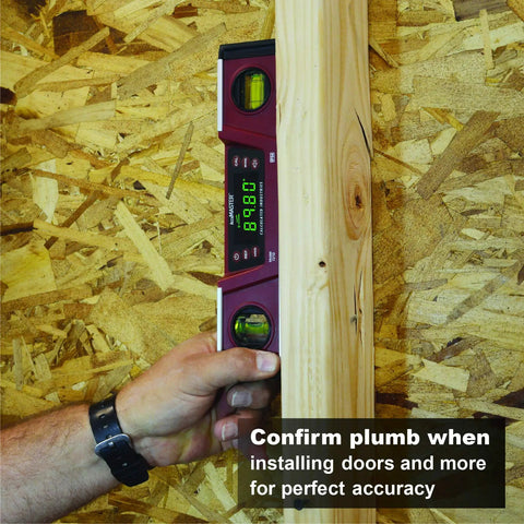 Digital Torpedo Level With Protractor 10 Inch Neodymium Magnets Bright Green LED Display With 0.475 Inch Digits IP54 Dust And Water Resistant Red Built For The Jobsite Rugged I Beam Aluminum Frame With Auto Inverting Screen