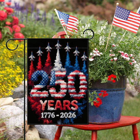 Garden Flag 1776 to 2026 250th Anniversary Patriotic Decor Double Sided 12 By 18 Inch Waterproof American Flag in garden setting