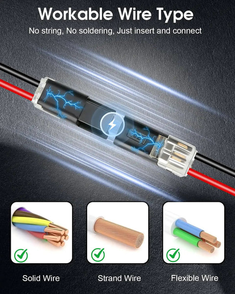50 Pack Double Wire Connectors With Locking Buckle For 18 To 22 Awg Solderless Electrical Splices Low Voltage Plug In Terminals For Led Strip Auto Wiring And Audio Hookup Dead Simple Setup showing solid, stranded, and flexible wire compatibility.