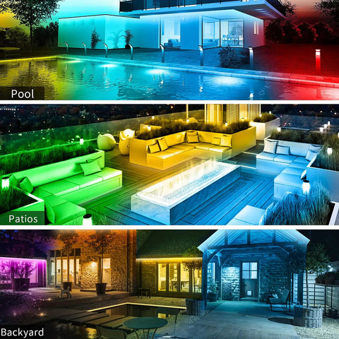50ft Outdoor LED Strip Lights Waterproof IP68 RGB With Button And Bluetooth App Control, Music Sync, Timer around pool and patio