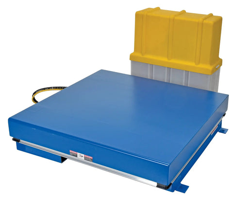 Rock Solid Welded Steel Electric Hydraulic Lift Table Featuring 48 By 48 Inch Platform And 12000 Pound Capacity For Shop Floors, blue scissor lift with yellow container.