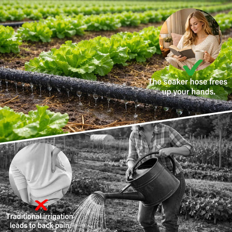 Split image showing Drip Irrigation System With 100 Ft Quarter Inch Soaker Hose freeing hands vs. traditional watering causing back pain.