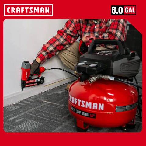 Craftsman 6 Gal Pancake Air Compressor With Oil-Free Tank Generating A Punchy 150 Psi For Swift Recovery. This Ultimate Combo Kit Features An Upgraded 18 Gauge Brad Nailer For Precise Trim Work And Light Molding Projects. Perfect For Detailed