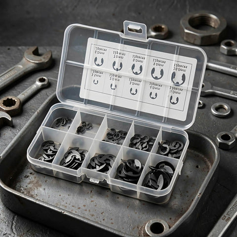 240 Piece E Clip Assortment Kit With Heat Treated External Retaining Clips For Axial Retention In Automotive Machinery Home And Industrial Projects Includes Multiple Sizes For Quick Replacement In Automotive Electronics Machinery And Home Projects. Black E clips in plastic organizer on workshop tray