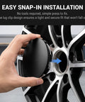 Four Pack Snap On Wheel Center Caps With 60mm Outer And 56mm Inner Diameter To Freshen Up Your Wheels For Universal Car Truck Suv Hub Cover Upgrade In Slick Black Finish installation process with hand applying cap