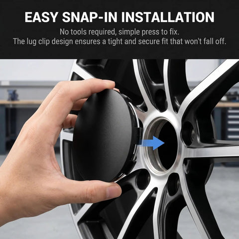 Four Pack Snap On Wheel Center Caps With 60mm Outer And 56mm Inner Diameter To Freshen Up Your Wheels For Universal Car Truck Suv Hub Cover Upgrade In Slick Black Finish installation process with hand applying cap