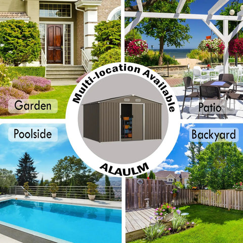 Collage showing locations for 10 Foot By 8 Foot Outdoor Storage Shed Made From Galvanized Metal With Vents And Sliding Door Waterproof Garden Tool Shed For Patio Or Backyard To Store Bikes Lawn Equipment Tools And More